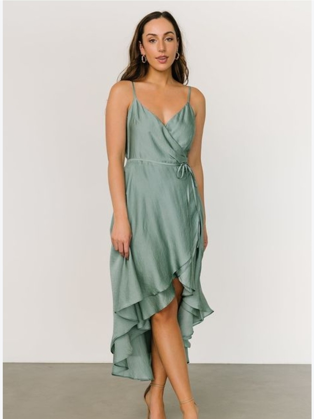 Baltic Born Green Satin Wrap Midi Dress V-Neck Ruffle Hem Size L